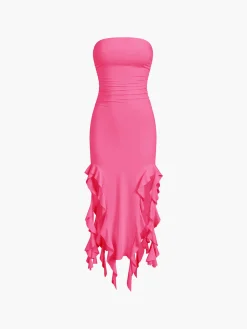 Ruffle Trim Tube Midi Dress
