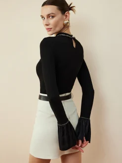 Ruffle-Cuff Cutout Slim Blouse