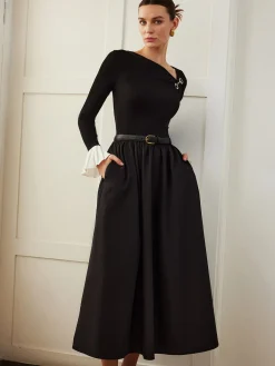 Ruffle-Cuff Panel Pockets Dress Without Belt