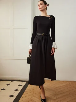 Ruffle-Cuff Panel Pockets Dress Without Belt
