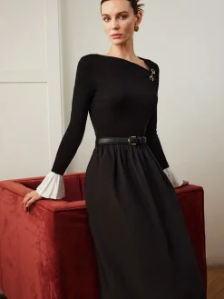 Ruffle-Cuff Panel Pockets Dress Without Belt