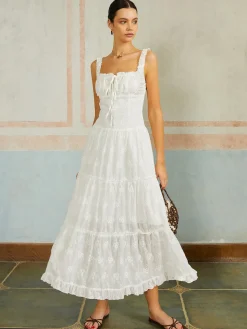 Ruffled Hem Sleeveless Embroidered Long Dress