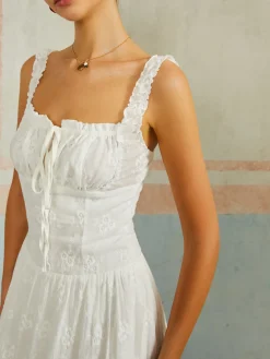 Ruffled Hem Sleeveless Embroidered Long Dress