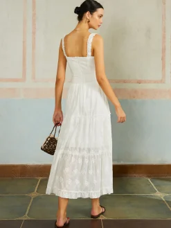 Ruffled Hem Sleeveless Embroidered Long Dress