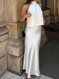 Sacred Dream Open Back Satin Two Piece Skirt Set