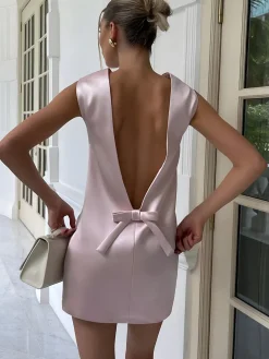 Satin Backless Bow Detail Short Dress