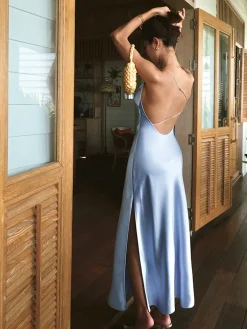 Satin Backless Split Thigh Long Dress