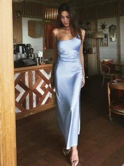 Satin Backless Split Thigh Long Dress