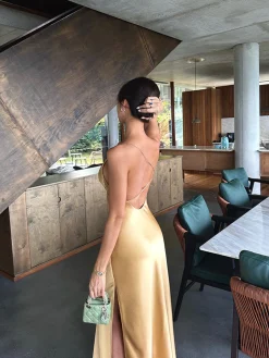 Satin Backless Split Thigh Long Dress