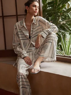 Satin Cactus Print Pants Set