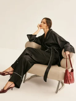 Satin Contrast Piping Belted Pants Set
