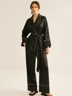 Satin Contrast Piping Belted Pants Set
