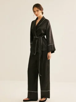 Satin Contrast Piping Belted Pants Set