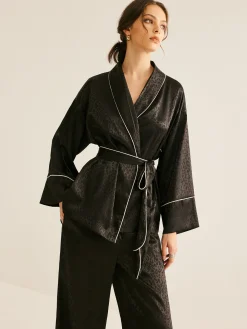 Satin Contrast Piping Belted Pants Set