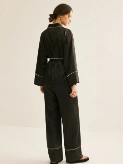 Satin Contrast Piping Belted Pants Set