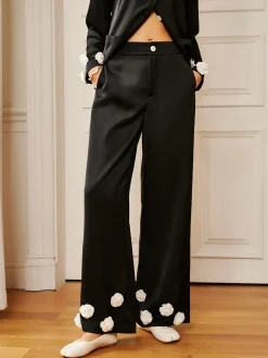 Satin 3D Flower Button Pants