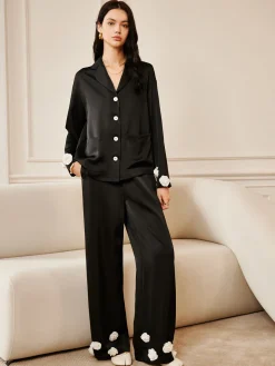 Satin 3D Flower Button Pants