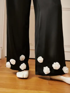 Satin 3D Flower Button Pants
