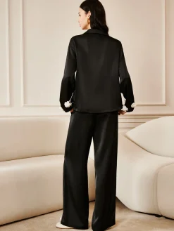 Satin 3D Flower Button Pants
