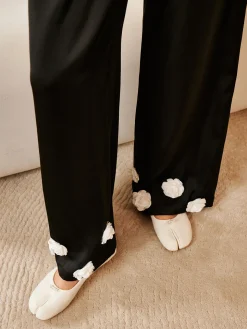 Satin 3D Flower Button Pants