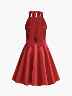 Satin Knotted Doule Pockets Open Back Pleated Mini Dress