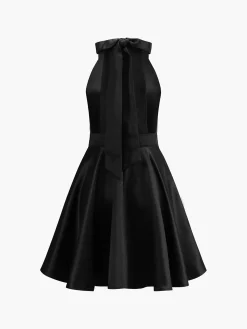 Satin Knotted Doule Pockets Open Back Pleated Mini Dress
