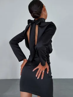 Satin Mock Neck Tie Back Short Dress
