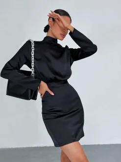 Satin Mock Neck Tie Back Short Dress