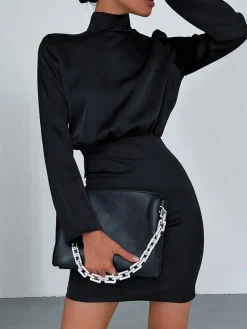 Satin Mock Neck Tie Back Short Dress