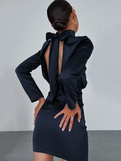 Satin Mock Neck Tie Back Short Dress
