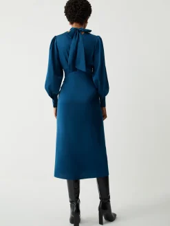 Satin Mock Neck Tie Back Long Sleeve Midi Dress