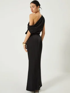 Satin One Shoulder Off Split Long Dress