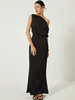 Satin One Shoulder Off Split Long Dress