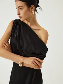 Satin One Shoulder Off Split Long Dress