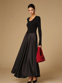 Satin Panel Jersey Long Dress