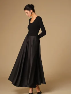Satin Panel Jersey Long Dress