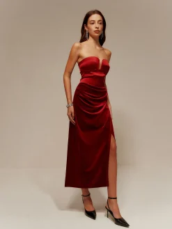 Satin Panel Velvet Pleated Tube Dress