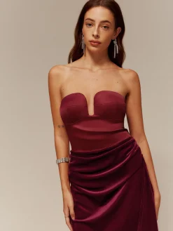 Satin Panel Velvet Pleated Tube Dress