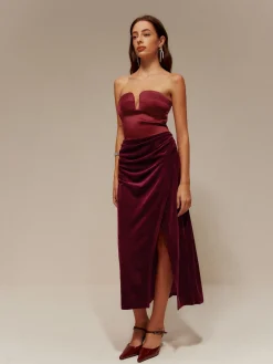 Satin Panel Velvet Pleated Tube Dress