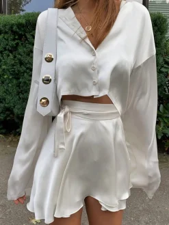 Satin Raw Hem Tied Two Piece Skirt Set