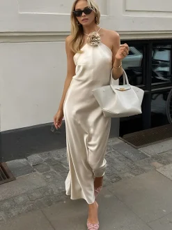 Satin Rosette Decor Halter Midi Dress