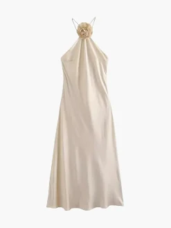 Satin Rosette Decor Halter Midi Dress
