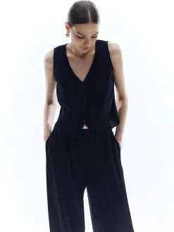 Satin Solid V-Neck Pants Set