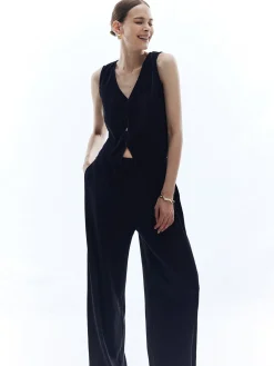 Satin Solid V-Neck Pants Set