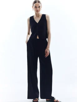 Satin Solid V-Neck Pants Set