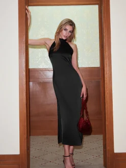 Satin Split Halter Dress