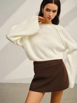 Satin-Bow Bell Sleeve Short Sweater