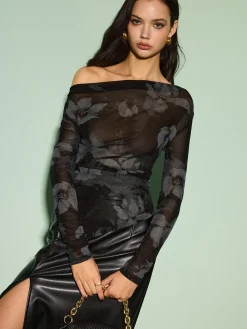Semi-Sheer Asymmetrical Printed T-Shirt
