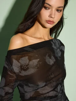 Semi-Sheer Asymmetrical Printed T-Shirt