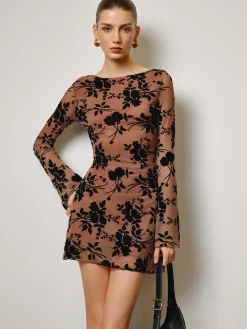 Semi-Sheer Flocking Floral Short Dress